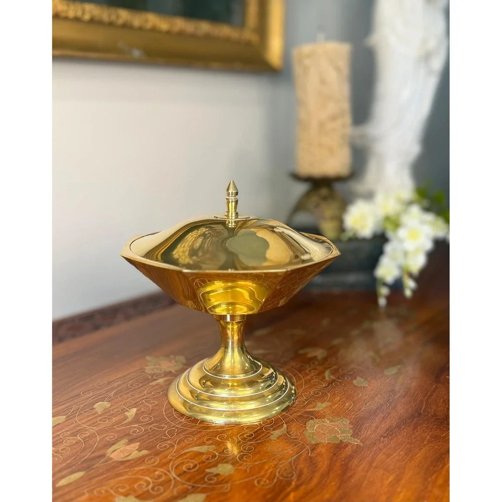 Vintage Solid Brass Lidded Pedestal Bowl • Octagonal Compote